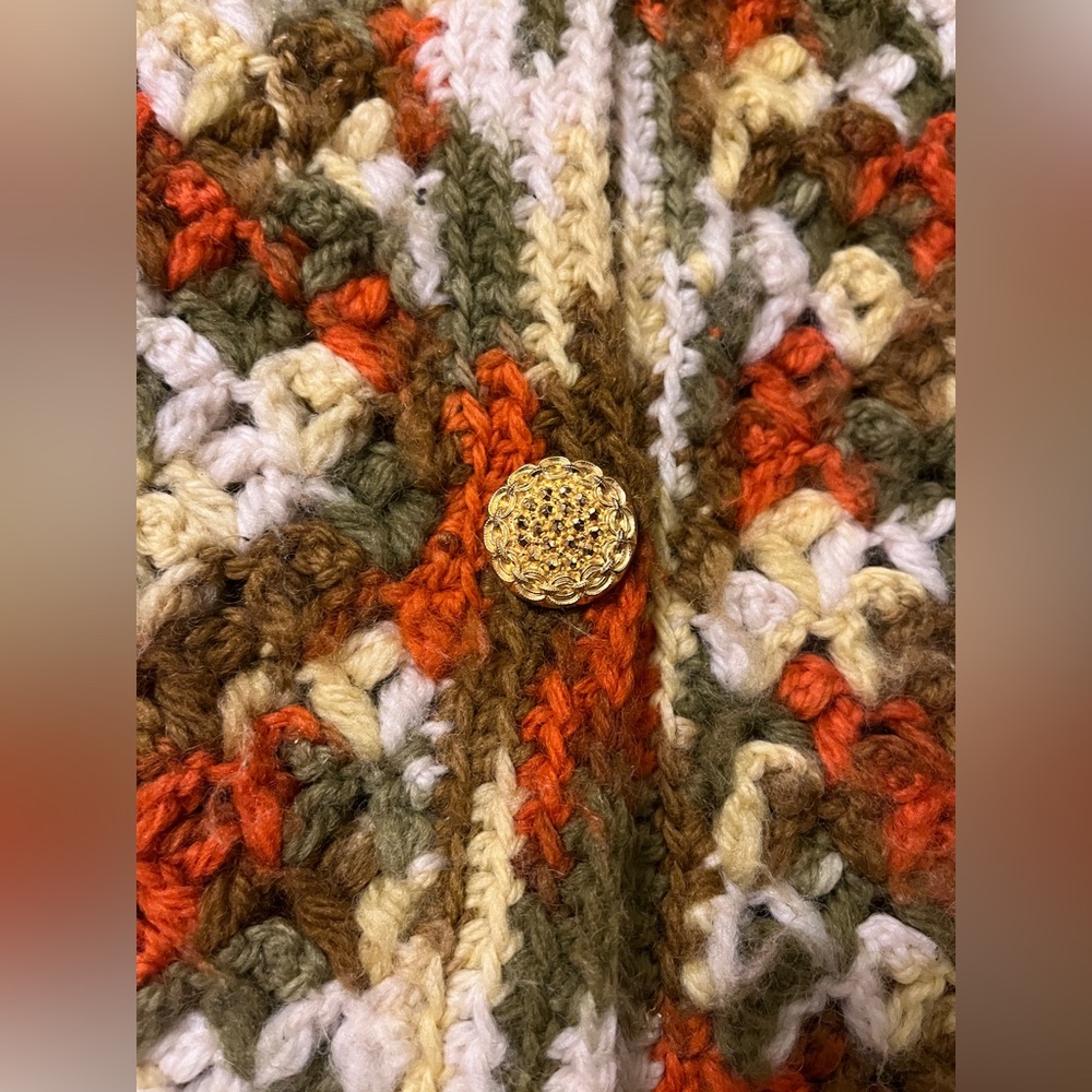 Hippie handmade crochet afghan sweater vest M 70’s L S orange green vintage fall - Picture 2 of 6